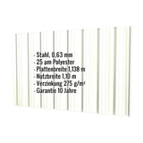 Trapezblech T18DR Wand, Grauweiß RAL 9002, mit eingeblendeten Eckdaten zu Material, Stärke und Beschichtung