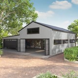Trapezblech T18DR Lichtgrau als Wandverkleidung einer grossen Garage mit Falttoren