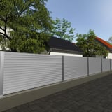 Zaun aus Trapezblech T18DR Wand in Weißaluminium, Anwendungsbeispiel im Garten