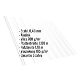 Trapezblech T20M Aluzink 0,40 mm mit eingeblendeten Eckdaten zu Material, Staerke, Vlies und Breiten