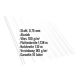 Infografik: Trapezblech T20M Aluzink 0,75 mm mit Vlies 700 g/m², Plattenbreite 1,138 m, Nutzbreite 1,10 m, Verzinkung 185