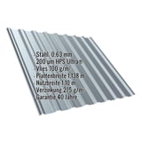 Trapezblech T20M Fenstergrau mit eingeblendeten technischen Daten und Beschichtung HPS Ultra