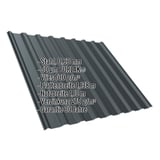 Trapezblech T20M anthrazitgrau mit PURLAK-Beschichtung, 0,63 mm Staerke, technische Eckdaten eingeblendet