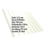 Trapezblech T20M Dach Anti-Tropf, Stahl 0,75 mm, PURLAK 50 µm, Vlies 700 g/m², Grauweiß RAL 9002, Infografik