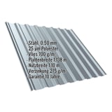 Trapezblech T20M Fehgrau mit eingeblendeten Eckdaten: Stahl, 0,50 mm, 25 µm Polyester, Vlies 700 g/m², Plattenbreite 1,138 m