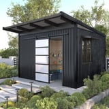 Trapezblech T20M Graphitgrau (RAL 7024) als Dacheindeckung auf einem modernen schwarzen Gartenschuppen