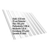 Trapezblech T20M Lichtgrau mit eingeblendeten Eckdaten zu Material, Staerke, Beschichtung und Massen