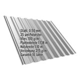 Trapezblech T20M Graualuminium, 0,50 mm, mit eingeblendeten Eckdaten zu Material, Beschichtung und Massen