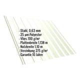 Trapezblech T20M, Grauweiß, mit eingeblendeten technischen Daten wie Material, Stärke und Beschichtung