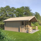 Trapezblech T20M in Hellelfenbein als Dach auf einem Gartenhaus mit kleiner Veranda