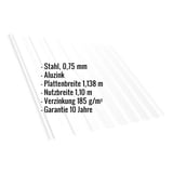 Trapezblech T20M Aluzink, 0,75 mm, mit eingeblendeten Eckdaten zu Material, Breite und Garantie