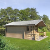 Trapezblech T20M Aluzink auf einem Gartenhaus mit Terrasse als Dachverkleidung