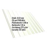 Trapezblech T20M Dach, Grauweiß RAL 9002, mit eingeblendeten Eckdaten zu Material, Stärke und Beschichtung