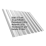 Trapezblech T20M Weißaluminium mit eingeblendeten Eckdaten zu Material, Staerke und Beschichtung