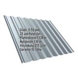 Trapezblech T20M Dach Fehgrau RAL 7000 mit eingeblendeten Eckdaten zu Material, Staerke und Beschichtung