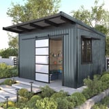 Trapezblech T20M Dach Fehgrau RAL 7000 auf einem Gartenhaus verbaut, Anwendungsbeispiel