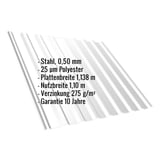 Trapezblech T20M Lichtgrau mit eingeblendeten Eckdaten zu Material, Staerke und Beschichtung
