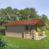 Trapezblech T20M kupferbraun als Dacheindeckung auf einem Gartenhaus mit Terrasse