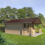 Trapezblech T20M, schokoladenbraun, auf einem Gartenhaus mit Terrasse verlegt