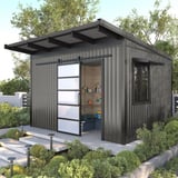 Trapezblech T20M Graualuminium als Dacheindeckung auf einem modernen Geräteschuppen mit Schiebetür