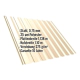 Trapezblech T20M Hellelfenbein mit eingeblendeten Eckdaten zu Material, Staerke, Beschichtung und Massen