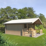 Trapezblech T20M in Reinweiß (RAL 9010) auf dem Dach eines Gartenhauses, Anwendungsbeispiel