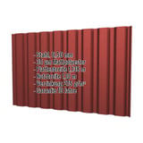 Trapezblech T20M Wand Kirschrot mit eingeblendeten Eckdaten zu Material, Staerke und Beschichtung
