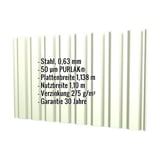 Trapezblech T20M Wand in Grauweiß, 0,63 mm Stahl, mit eingeblendeten technischen Daten und PURLAK® Beschichtung