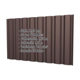 Trapezblech T20M Wand Schokoladenbraun RAL 8017 mit eingeblendeten Eckdaten zu Material und Massen