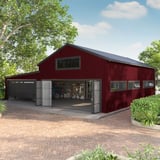 Trapezblech T20M Weinrot RAL 3005 als Wandverkleidung an einer grossen Halle mit Garagentoren
