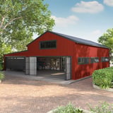 Gebaeude mit Fassade aus korallenrotem Trapezblech T20M, 0,50 mm Stahl, als Anwendungsbeispiel