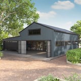 Trapezblech T20M Wand Fehgrau an einer Garage verbaut, mit offenem Tor und Fahrzeug