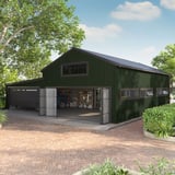 Gewerbegebäude mit Trapezblech T20M Chromoxidgrün an Dach und Wand, Anwendungsbeispiel