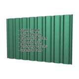 Trapezblech T20M Wand Moosgrün RAL 6005 mit eingeblendeten Eckdaten wie Material, Stärke und Beschichtung