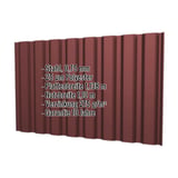 Trapezblech T20M Rotbraun RAL 8012 mit eingeblendeten Eckdaten zu Material, Staerke und Massen