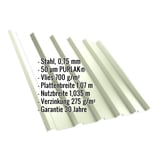 Trapezblech T35/207M aus Stahl 0,75 mm, PURLAK® 50 µm, mit eingeblendeten Eckdaten