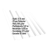 Trapezblech T35/207M Reinweiß, Infografik mit Eckdaten: Stahl 0,75mm, 25µm Polyester, Vlies 700g/m², Plattenbreite 1,07m