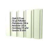 Trapezblech T35/207M in Grauweiß, 0,75 mm Stahl, mit eingeblendeten Eckdaten zu Material und Beschichtung