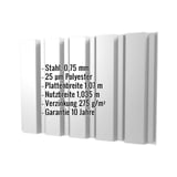 Trapezblech T35/207M Lichtgrau mit eingeblendeten Eckdaten zu Material, Staerke und Beschichtung