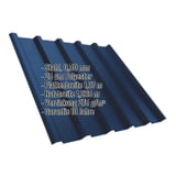 Trapezblech T35/207MD Enzianblau mit eingeblendeten Eckdaten zu Material, Staerke und Beschichtung
