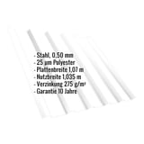 Trapezblech T35/207MD Reinweiß, 0,50 mm, mit eingeblendeten technischen Daten
