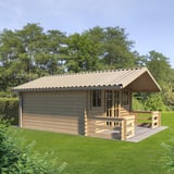 Trapezblech T35/207MD Hellelfenbein auf einem Gartenhaus mit Vordach, Anwendungsbeispiel