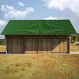 Trapezblech T35DR, gruen RAL 6010, auf einem Holzschuppen als Dach verlegt