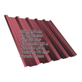 Trapezblech T35DR weinrot, 0,50 mm Stahl, mit eingeblendeten technischen Daten und Eigenschaften