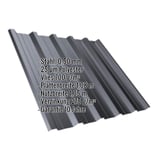 Trapezblech T35DR Graphitgrau, 0,50 mm Stahl, mit eingeblendeten Eckdaten zu Material und Massen