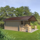 Trapezblech T35DR schokoladenbraun auf einem Gartenhaus, verlegt als Dach