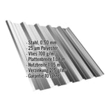 Trapezblech T35DR Graualuminium, 0,50 mm, mit eingeblendeten Eckdaten zu Material, Beschichtung und Massen