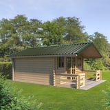Trapezblech T35DR Chromoxidgrün RAL 6020 als Dachverlegung auf einem Gartenhaus mit Vordach