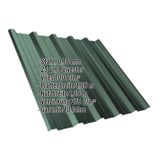 Trapezblech T35DR moosgrün, 0,75 mm Stahl, mit eingeblendeten Eckdaten zu Material, Beschichtung und Massen