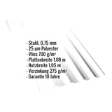 Trapezblech T35DR Reinweiß, 0,75 mm Stahl, mit eingeblendeten technischen Daten